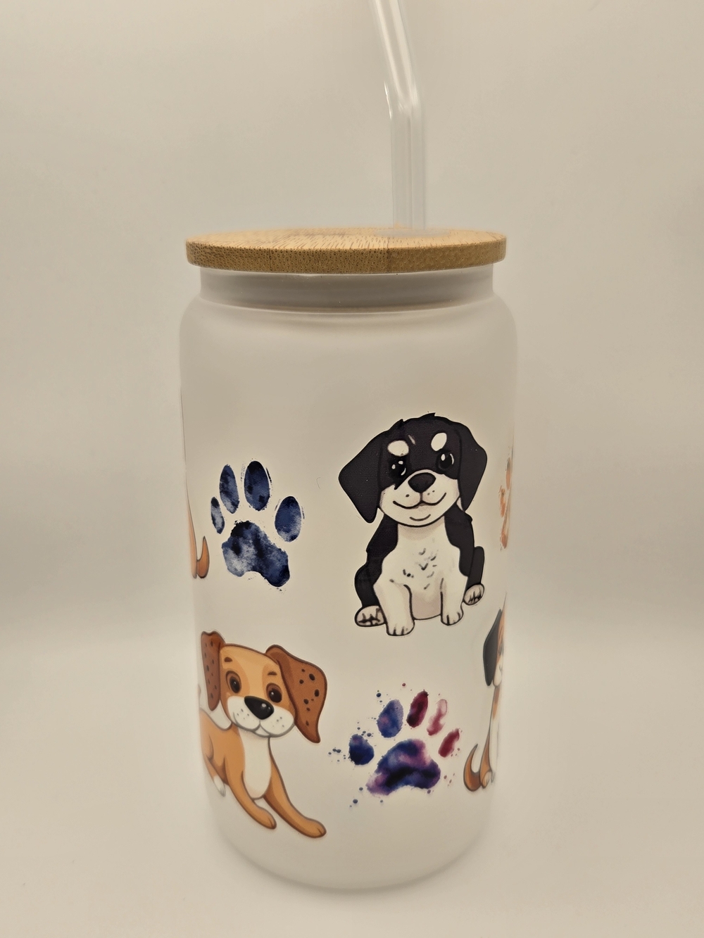 White Dog Paw Print Drink Jar with Bamboo Lid